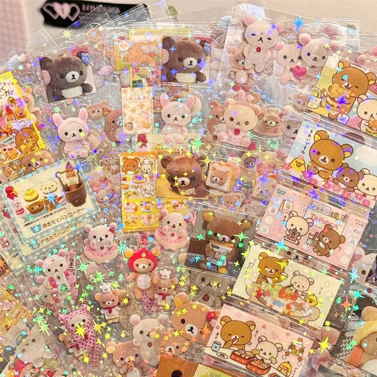 5-Pack Hello Kitty and Rilakkuma Cartoon Die-Cut Stickers - Cute Kitty Cat and Anime Design Flashing Laser Stickers for Handbooks, Notebooks, and Scrapbooking - Fun and Colorful Material Stickers