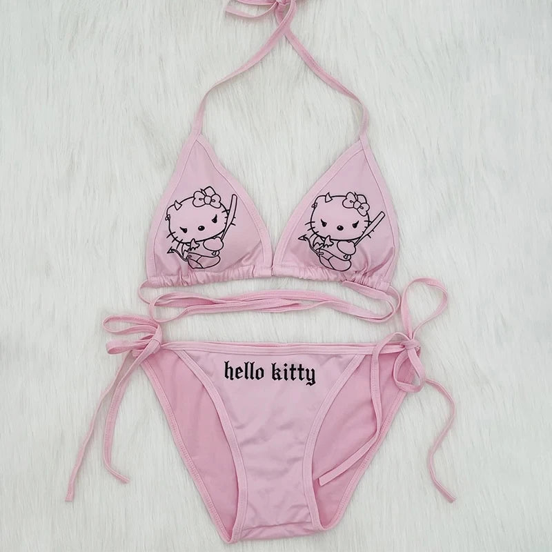 2Pcs Hello Kitty Bikini Set Kawaii Sanrio Swimsuit 2024 Women New Summer Bikinis Y2K Beach Strappy Panties Sexy Swimwear Girl