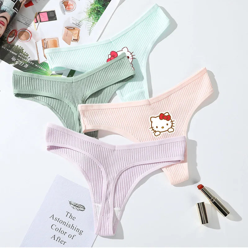 Sanrio Hello Kitty and Kuromi Cute Lingerie for Women - Sexy Low-Rise Cotton Thong Underwear with Elastic Waistband for Comfortable Summer Wear - Cool Girl Panties and Lingerie Set