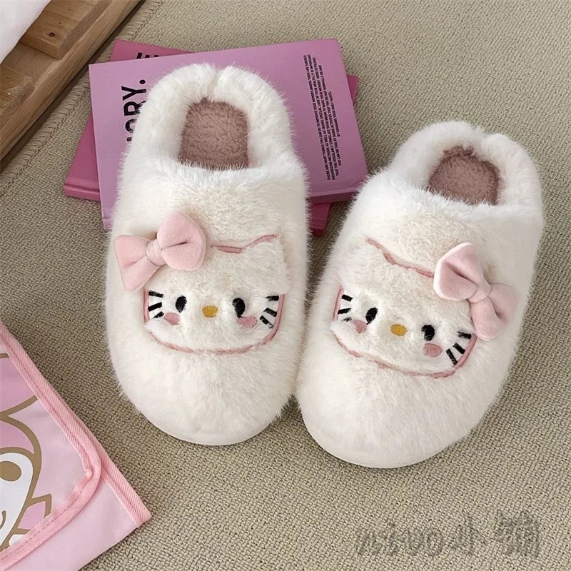 Cute Hello Kitty Hair Slippers High Beauty Winter Cotton Slippers Warm Thick Bottom Home Shoes for Women