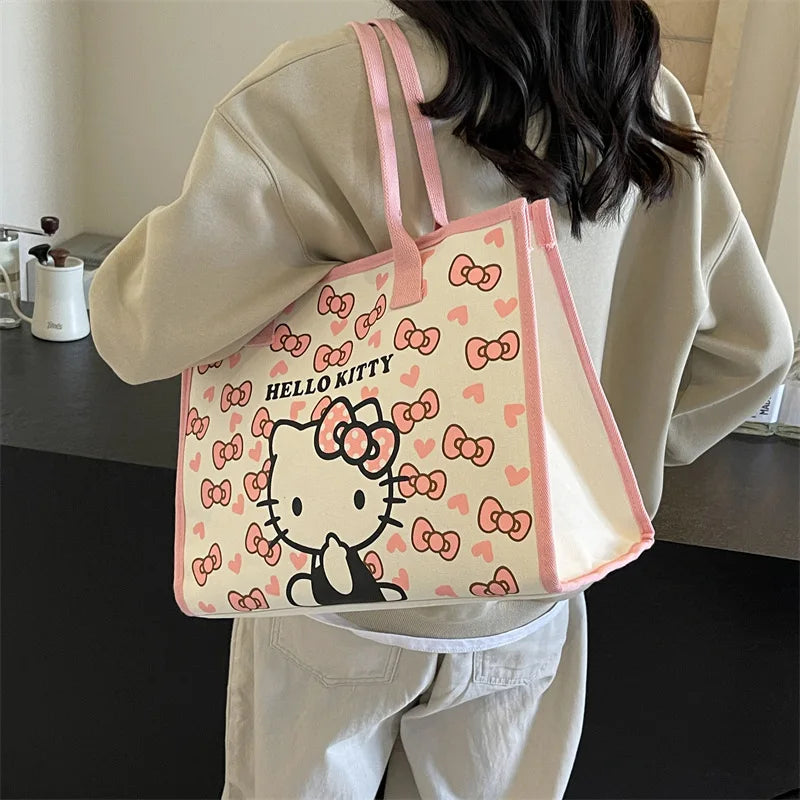 Hello Kitty Sanrio Y2k Tote Canvas Bag, Cute Canvas Shoulder Bag Cartoon Anime Handbag for School Work Travel Shopping Schoolbag