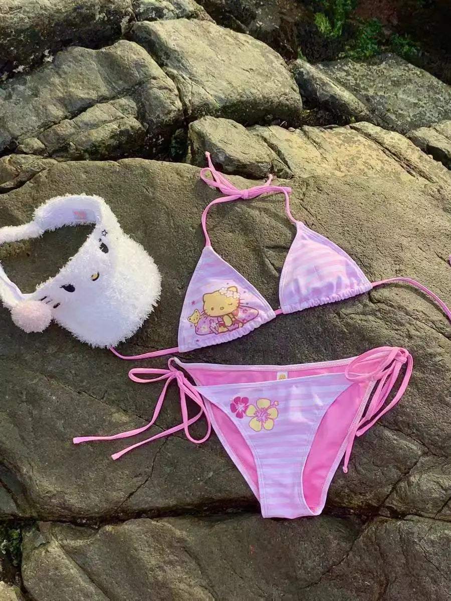 Sanrio pure desire wind pink hellokitty bikini split strap swimsuit summer beach vacation girls cute