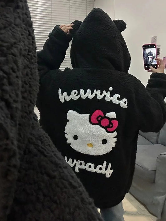 Miniso Black Hello Kitty Embroidered Autumn/Winter Lamb Fleece Coat Women Zipper Hooded Cardigan with Thick Fleece Jacket Women