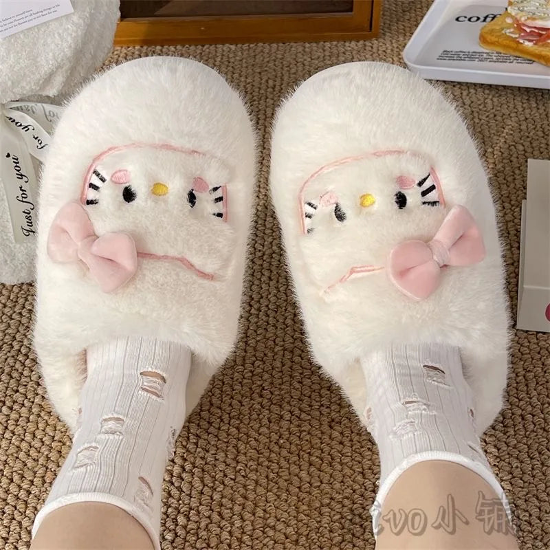 Cute Hello Kitty Hair Slippers High Beauty Winter Cotton Slippers Warm Thick Bottom Home Shoes for Women