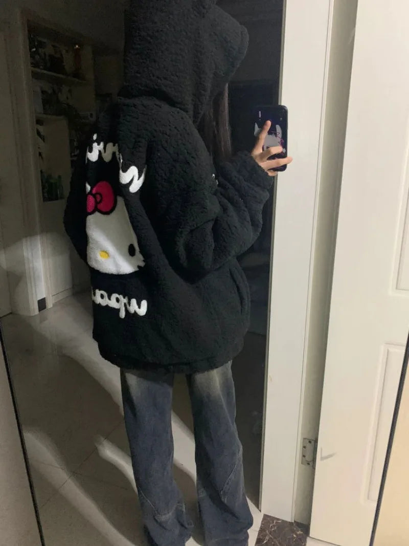 Miniso Black Hello Kitty Embroidered Autumn/Winter Lamb Fleece Coat Women Zipper Hooded Cardigan with Thick Fleece Jacket Women