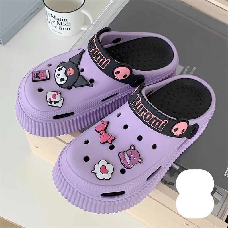 MINISO Kuromi Women's Platform Sandals Slippers Cartoon Hello Kitty Kawaiil Slip-resistant Shoes Cinnamorol Summer Women Shoe