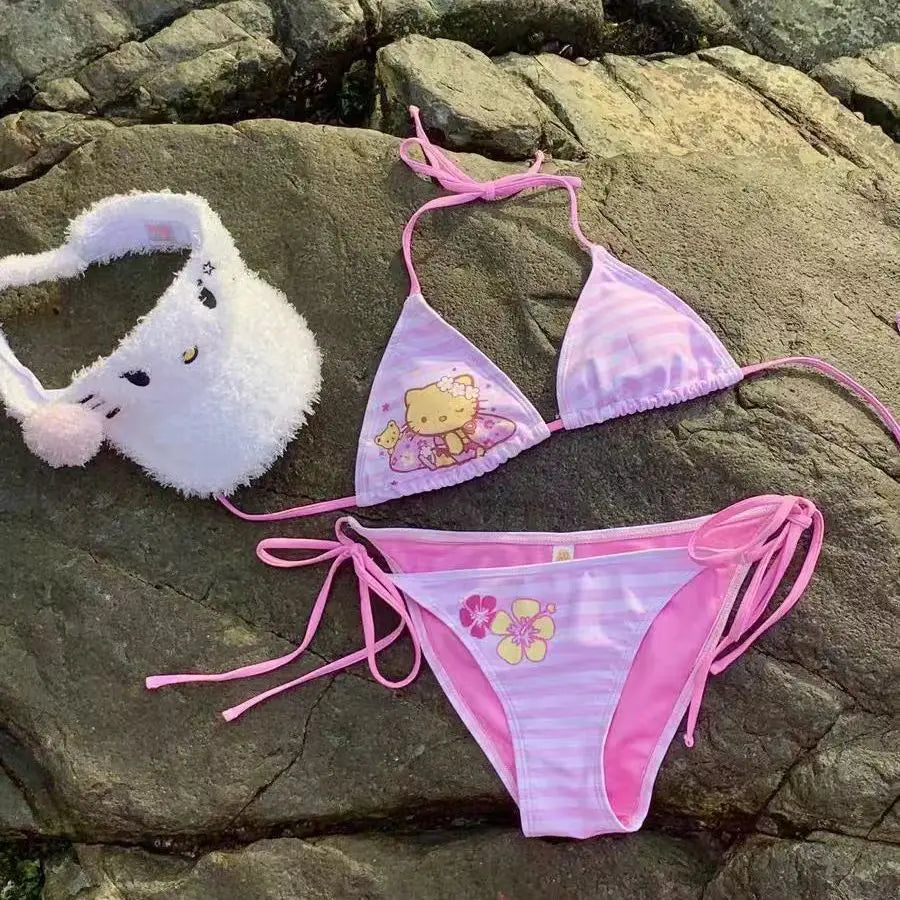 Sanrio pure desire wind pink hellokitty bikini split strap swimsuit summer beach vacation girls cute