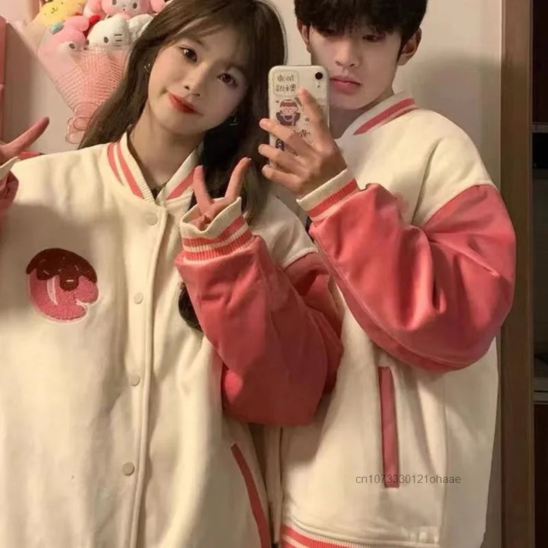 Sanrio Hello Kitty Pink Cute Jacket Women Autumn Winter Embroidered Thick Jacket Korean Edition Loose Couple's Baseball Uniform