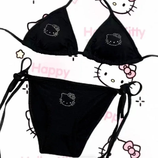 Hello Kitty Rhinestone Underwear Set Cute Swimsuit Can Be Worn Outside Sweet Hottie Suspender Sexy Kawaii Bikini Party Gift