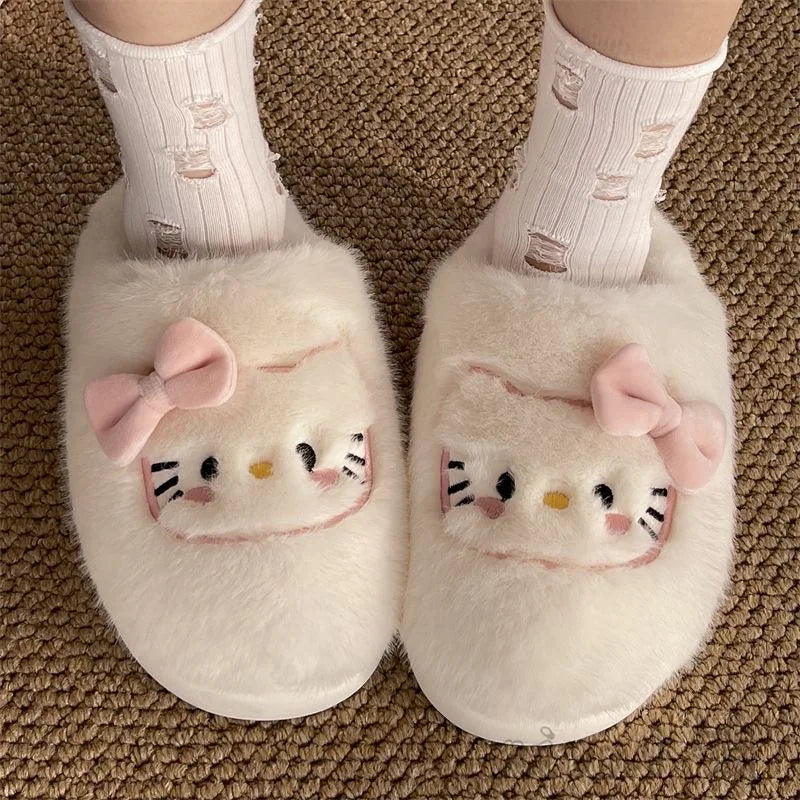 Cute Hello Kitty Hair Slippers High Beauty Winter Cotton Slippers Warm Thick Bottom Home Shoes for Women