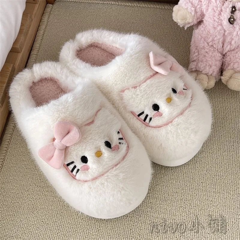 Cute Hello Kitty Hair Slippers High Beauty Winter Cotton Slippers Warm Thick Bottom Home Shoes for Women