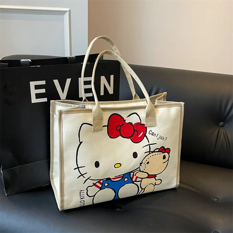 Hello Kitty Sanrio Y2k Tote Canvas Bag, Cute Canvas Shoulder Bag Cartoon Anime Handbag for School Work Travel Shopping Schoolbag