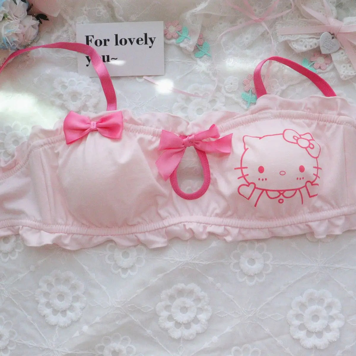 Sanrio Cotton Cute And Sweet Hello Kitty Chest Bras and Panties 2 Pcs Suit Women's Student No Steel Ring Girl Underwear Bra Set