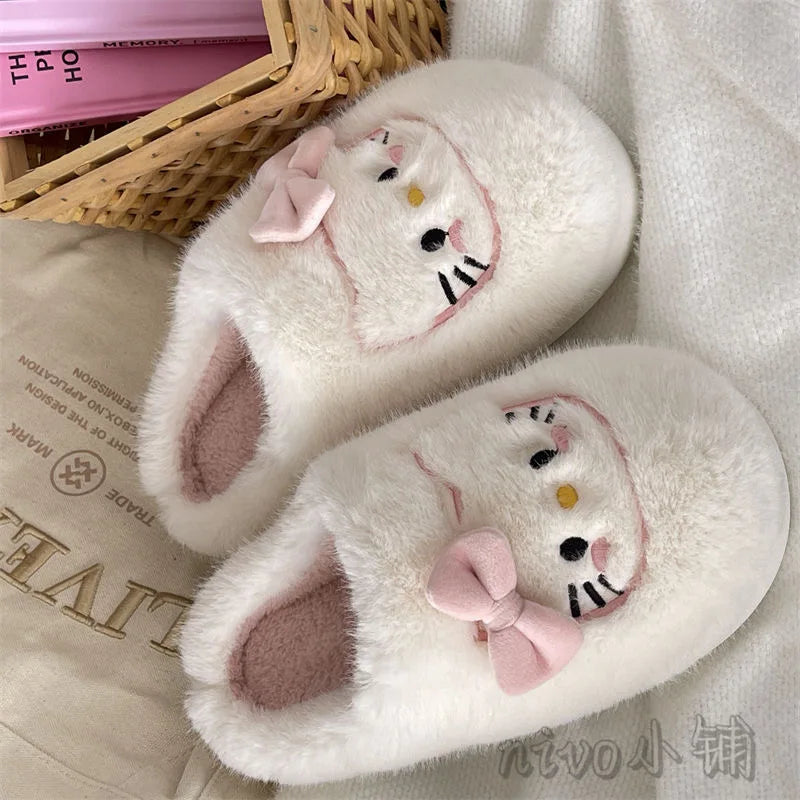 Cute Hello Kitty Hair Slippers High Beauty Winter Cotton Slippers Warm Thick Bottom Home Shoes for Women