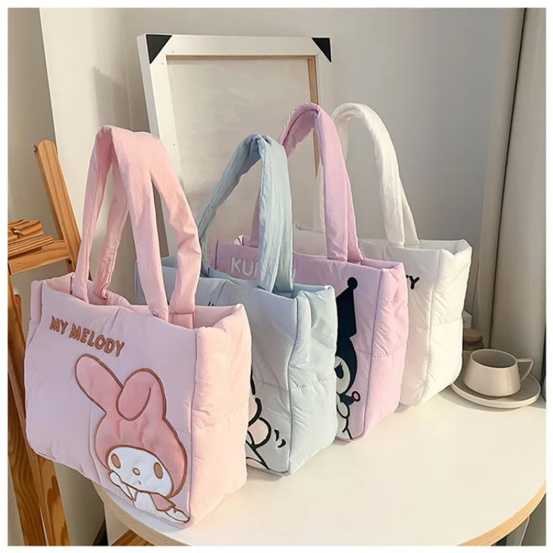 Sanrio Kawaii Hello Kitty Kuromi Tote Bags Cute My Melody Pochacco Cartoon Down Cotton Large Capacity Shoulder Bag Gifts Girls