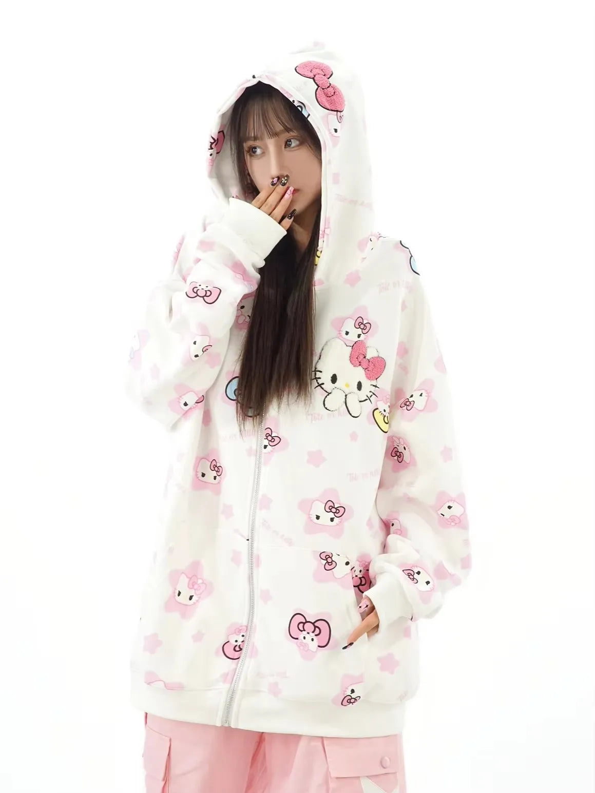 Y2K Hello Kitty Hoodie Sweatshirt Zipper Coat Sanrioed Anime Kawaii Spring Winter Embroidery Coat Girls Student Tops Loose