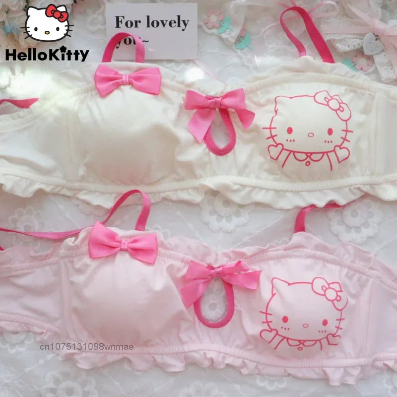 Sanrio Cotton Cute And Sweet Hello Kitty Chest Bras and Panties 2 Pcs Suit Women's Student No Steel Ring Girl Underwear Bra Set