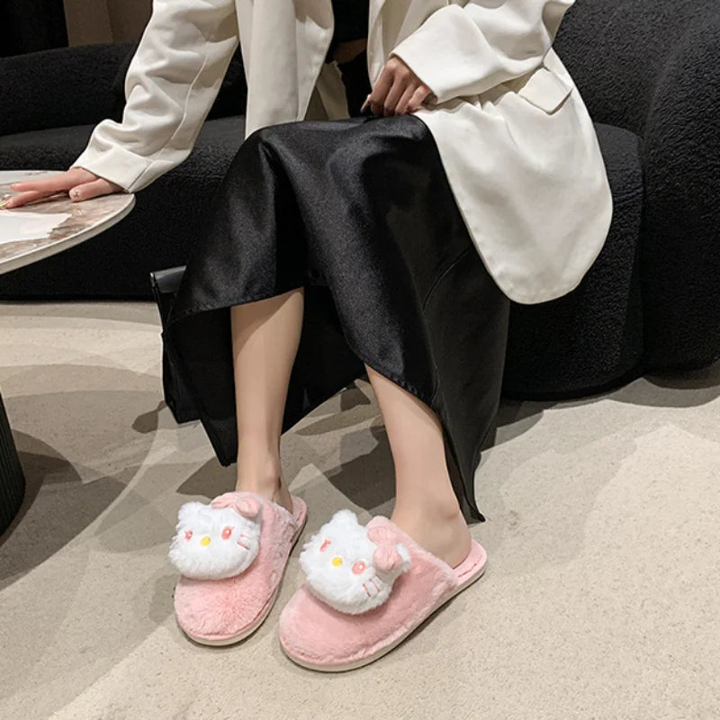 Sanrio autumn and winter Hello Kitty cute warm home women's shoes cartoon non-slip thick-soled comfortable plush cotton slippers