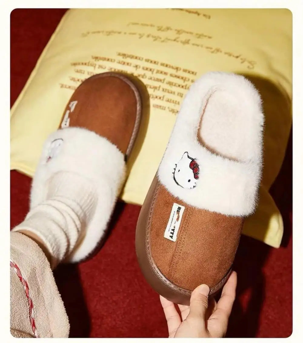 Hello Kitty Anime Cotton Slippers Women Winter Plush Slippers Sanrios Kawaii Cartoon Cute New Fashion Warm Home Slippers Gift