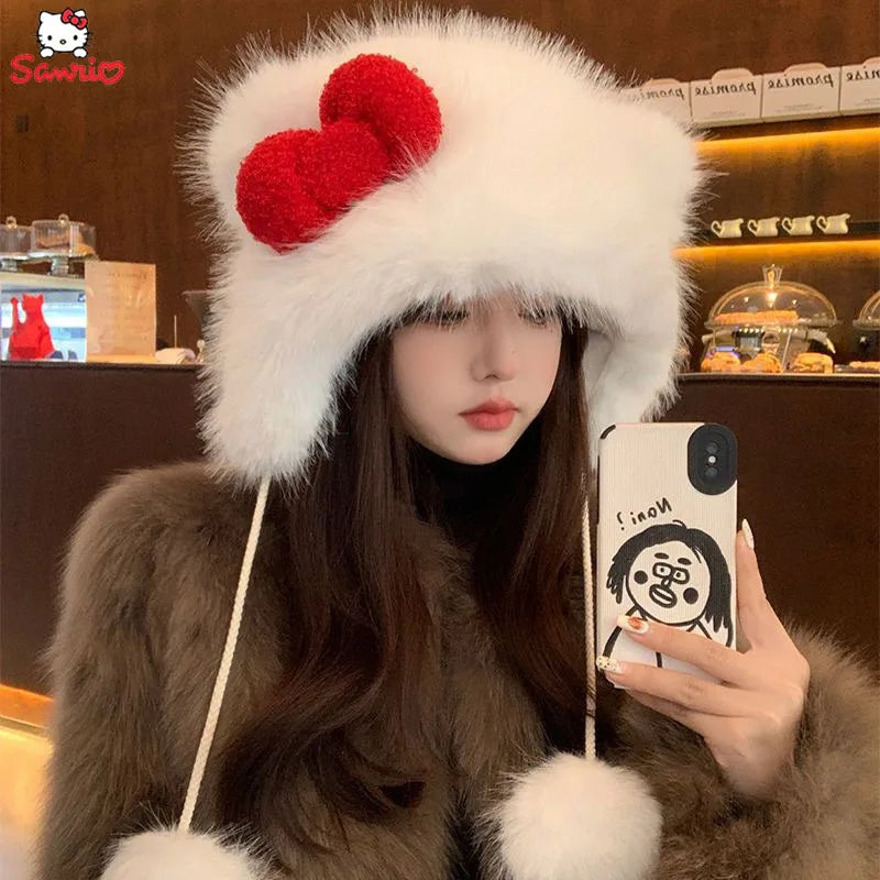 Hello Kitty Winter White Caps Red Bow Kawaii Cat Ear Warm Protection Ear WindProof Hat Soft Fashion Accessories Sweet Girl Cap