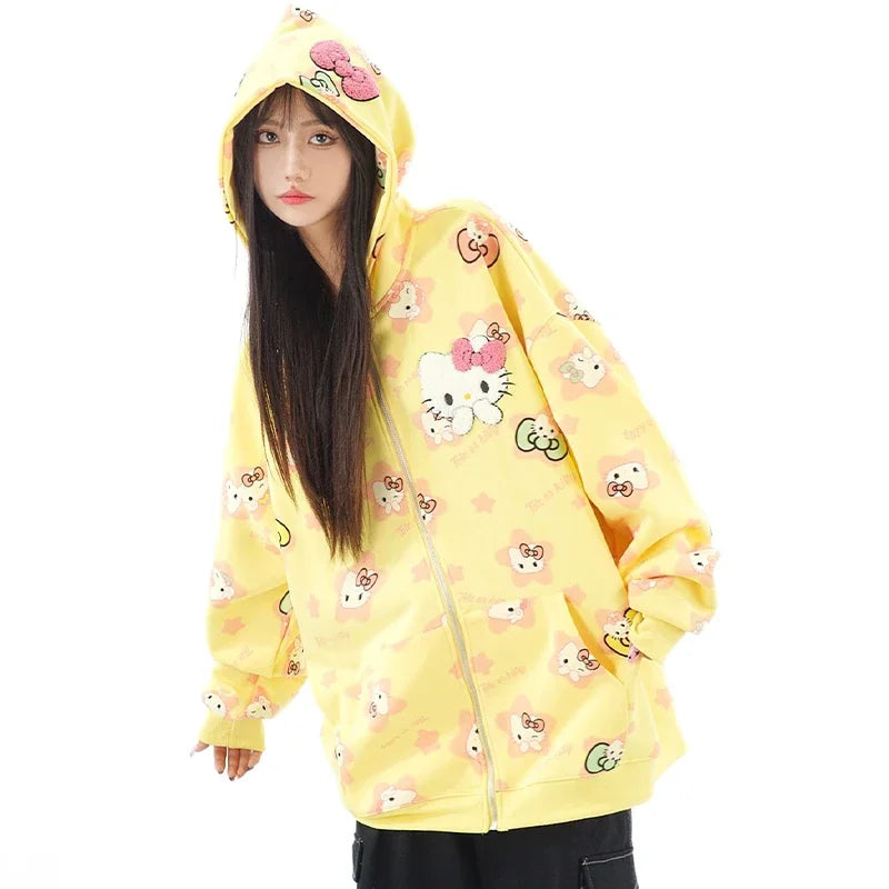 Y2K Hello Kitty Hoodie Sweatshirt Zipper Coat Sanrioed Anime Kawaii Spring Winter Embroidery Coat Girls Student Tops Loose