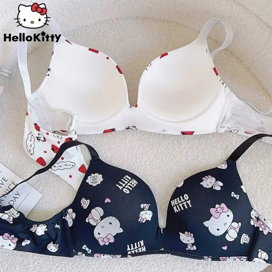 Kawaii Sanrio Hello Kitty Underwear 2 Pcs Set Women's Thin Style No Steel Ring Triangle Cup Cute Cartoon Sweet American Bra Sets