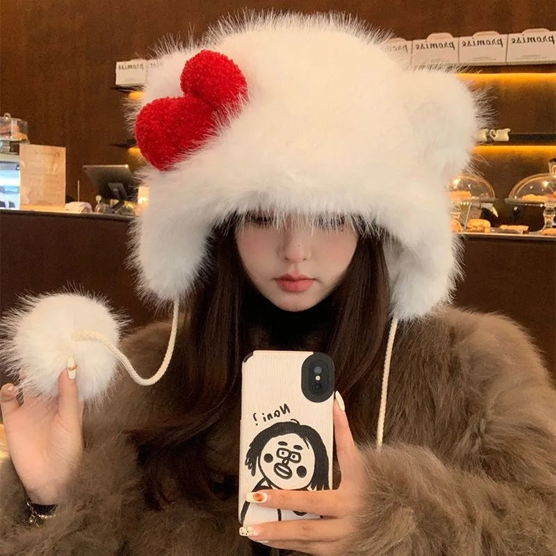 Hello Kitty Winter White Caps Red Bow Kawaii Cat Ear Warm Protection Ear WindProof Hat Soft Fashion Accessories Sweet Girl Cap