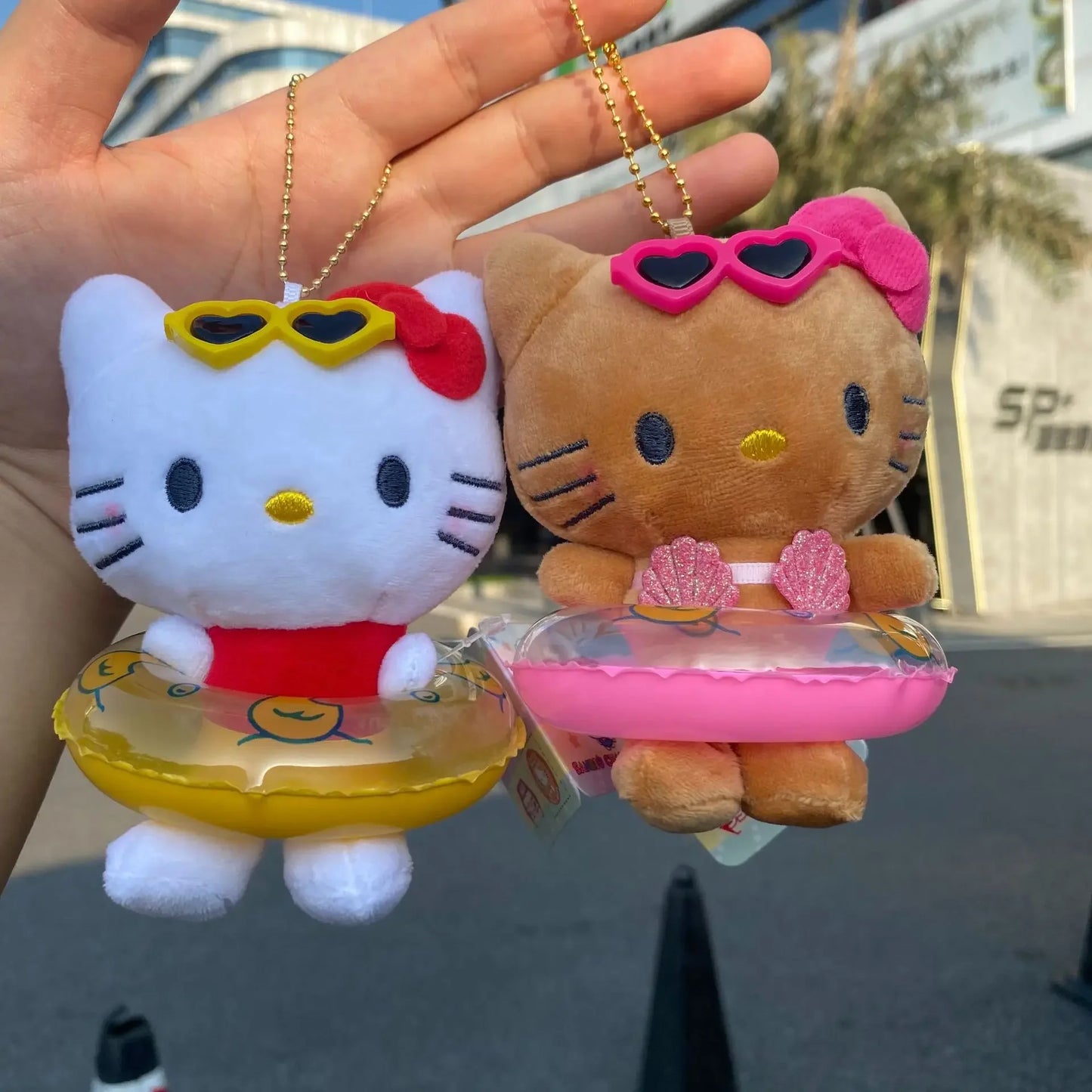 Cartoon Hawaiian Hello Kitty Plush Toys Brown White Swim Ring Figure Pendants Bag Hanging Lovely Cat Dolls Children Gifts