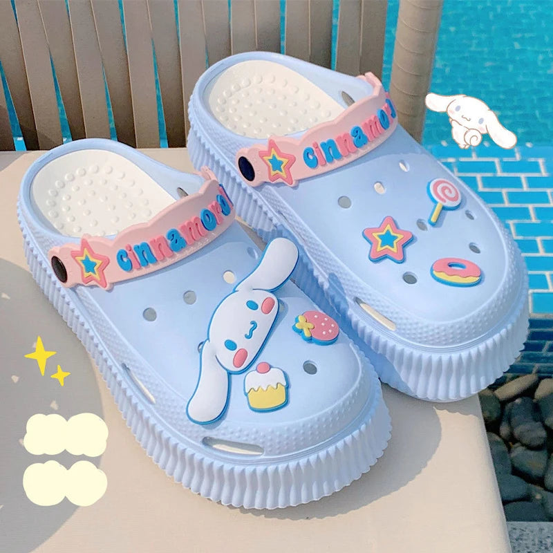 MINISO Kuromi Women's Platform Sandals Slippers Cartoon Hello Kitty Kawaiil Slip-resistant Shoes Cinnamorol Summer Women Shoe