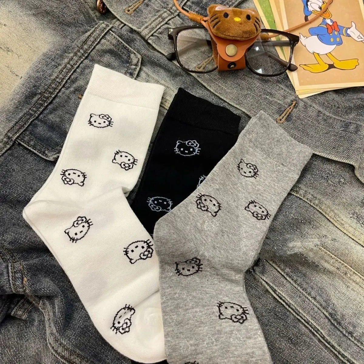 6 Pairs Hello Kitty Cute Socks for Women Korean Version Versatile Solid Color Medium Socks Ins Spring and Autumn Student Socks