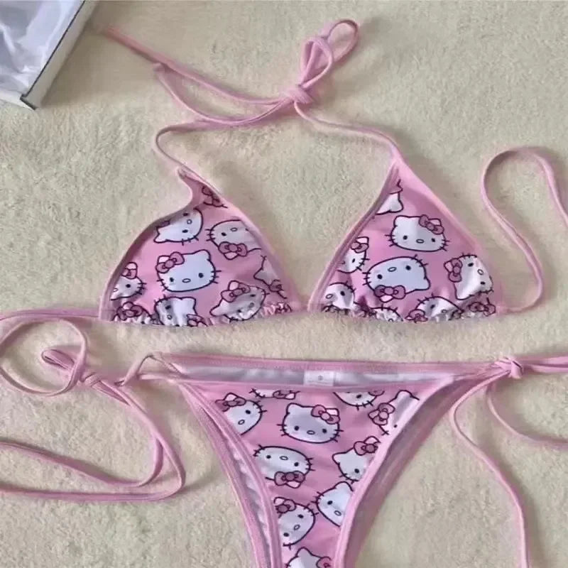 Sanrio Hello Kitty Kawaii Bikinis Set Cute Cartoon Anime Summer Beach Soft Side Strappy Panties Kawaii Swimsuit Sexy Bikini Y2k