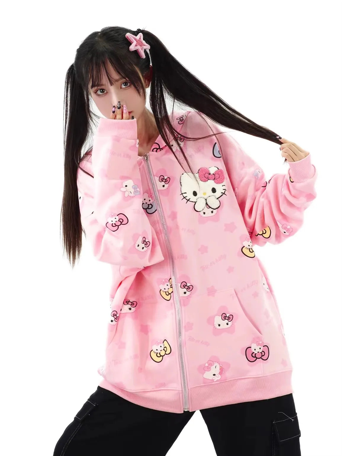 Y2K Hello Kitty Hoodie Sweatshirt Zipper Coat Sanrioed Anime Kawaii Spring Winter Embroidery Coat Girls Student Tops Loose