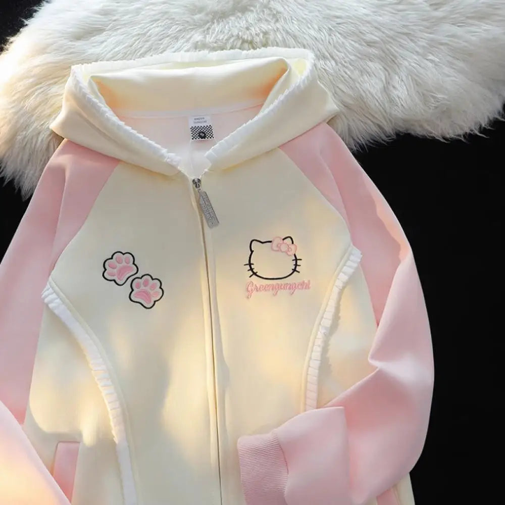 Y2K Hello Kitty Hoodie Coat Sweatshirt Anime Zipper Cardigan Sanrioed Kawaii Spring Winter Coat Girls Student Loose Leisure Tops