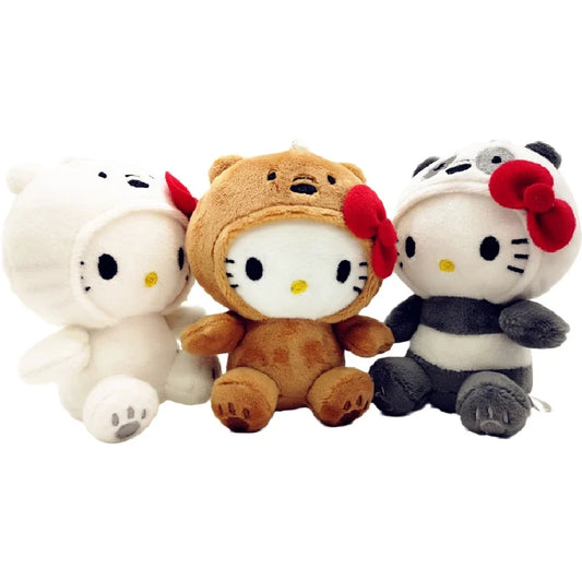 Sanrio 10cm Bow Kitty Plush Toy Set - Cute Anime Design Soft Stuffed Doll with Kt Cos Brown Bear and White Bear - Perfect for Kids' Play and Collecting - Adorable Keychain Gift for Children