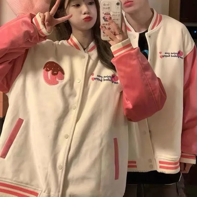 Sanrio Hello Kitty Pink Cute Jacket Women Autumn Winter Embroidered Thick Jacket Korean Edition Loose Couple's Baseball Uniform