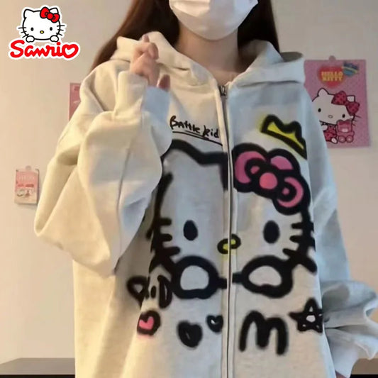 Sanrio Hello Kitty Women's Zipper Hoodie Autumn Fashion Y2k Cartoon Loose Sweatshirts Outerwear Retro Jacket Long Sleeve Top