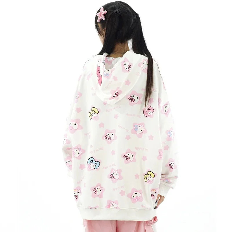 Y2K Hello Kitty Hoodie Sweatshirt Zipper Coat Sanrioed Anime Kawaii Spring Winter Embroidery Coat Girls Student Tops Loose