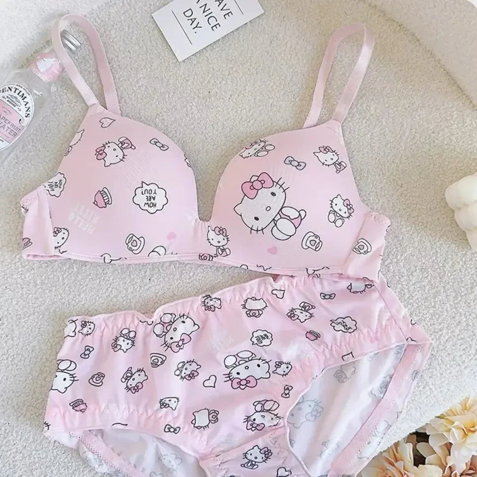 Kawaii Sanrio Hello Kitty Underwear 2 Pcs Set Women's Thin Style No Steel Ring Triangle Cup Cute Cartoon Sweet American Bra Sets